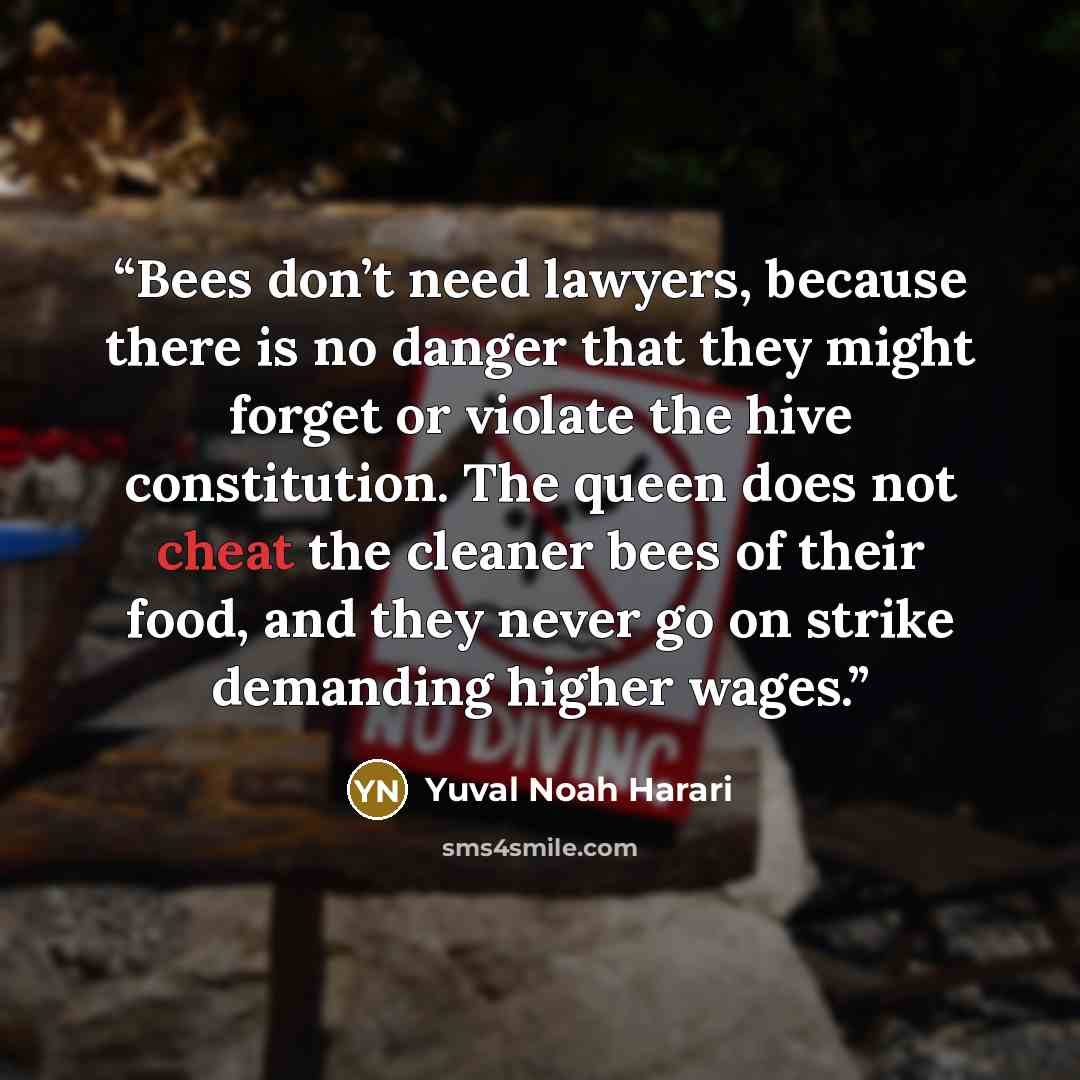 “Bees don’t need lawyers, because there is no danger that they might forget or violate the hive constitution. The queen does not cheat the cleaner bees of their food, and they never go on strike demanding higher wages.” quote by Yuval Noah Harari