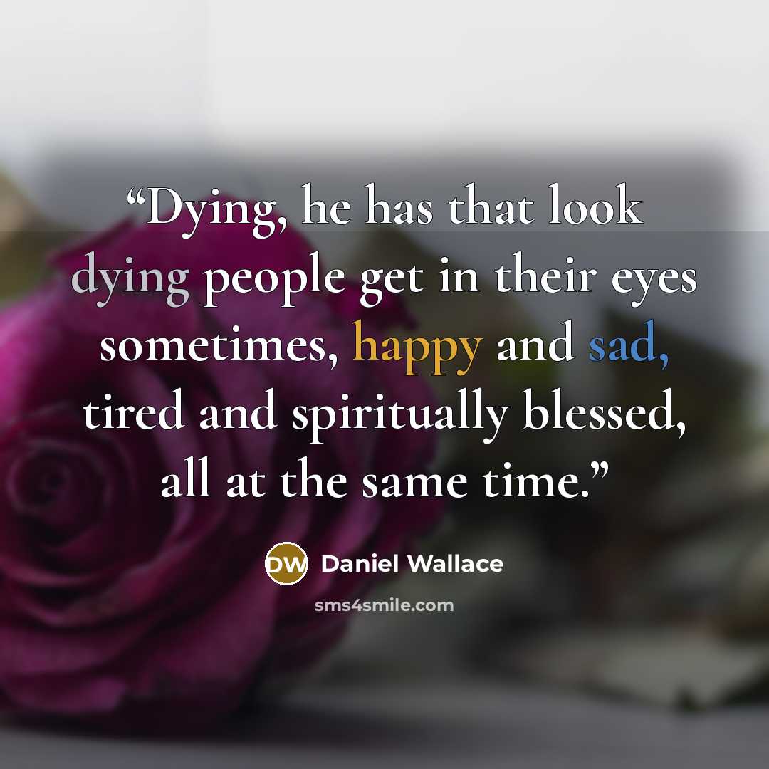 “Dying, he has that look dying people get in their eyes sometimes, happy and sad, tired and spiritually blessed, all at the same time.” quote by Daniel Wallace