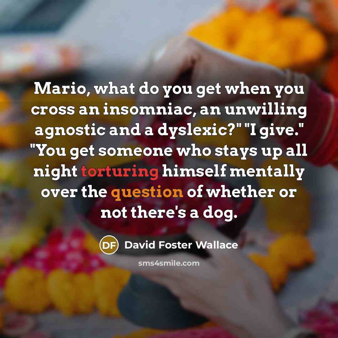 “Mario, what do you get when you cross an insomniac, an unwilling agnostic and a dyslexic?" "I give." "You get someone who stays up all night torturing himself mentally over the question of whether or not there's a dog.” quote by David Foster Wallace