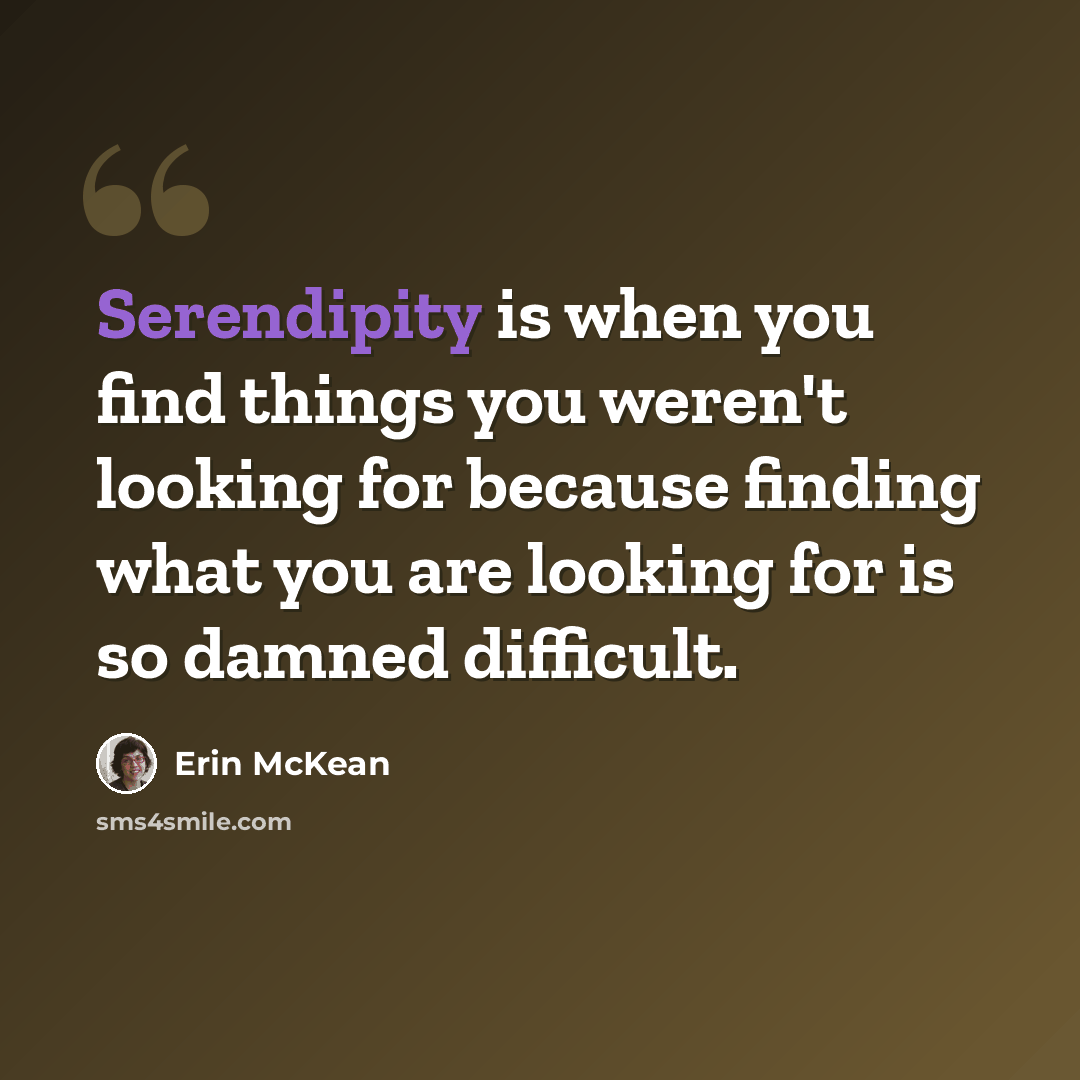 “Serendipity is when you find things you weren't looking for because finding what you are looking for is so damned difficult.” quote by Erin McKean