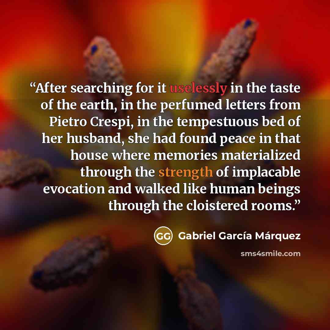 “After searching for it uselessly in the taste of the earth, in the perfumed letters from Pietro Crespi, in the tempestuous bed of her husband, she had found peace in that house where memories materialized through the strength of implacable evocation and walked like human beings through the…” quote by Gabriel García Márquez