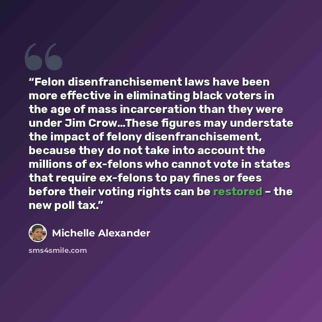 “Felon disenfranchisement laws have been more effective in eliminating black voters in the age of mass incarceration than they were under Jim Crow…These figures may understate the impact of felony disenfranchisement, because they do not take into account the millions of ex-felons who cannot vote in…” quote by Michelle Alexander