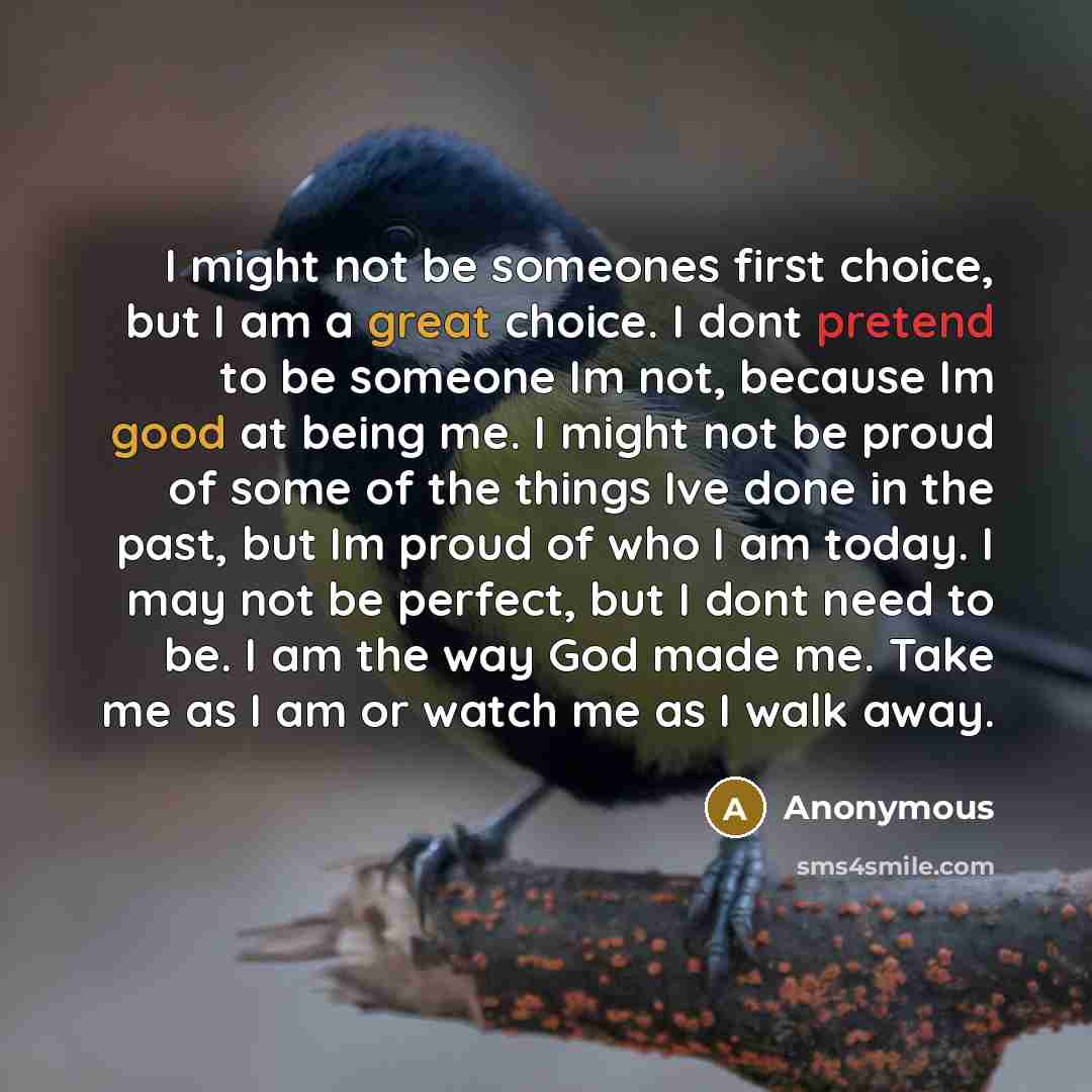 “I might not be someones first choice, but I am a great choice. I dont pretend to be someone Im not, because Im good at being me. I might not be proud of some of the things Ive done in the past, but Im proud of who I am today. I may not be perfect, but I dont need to be. I am the way God made me…” quote by Anonymous