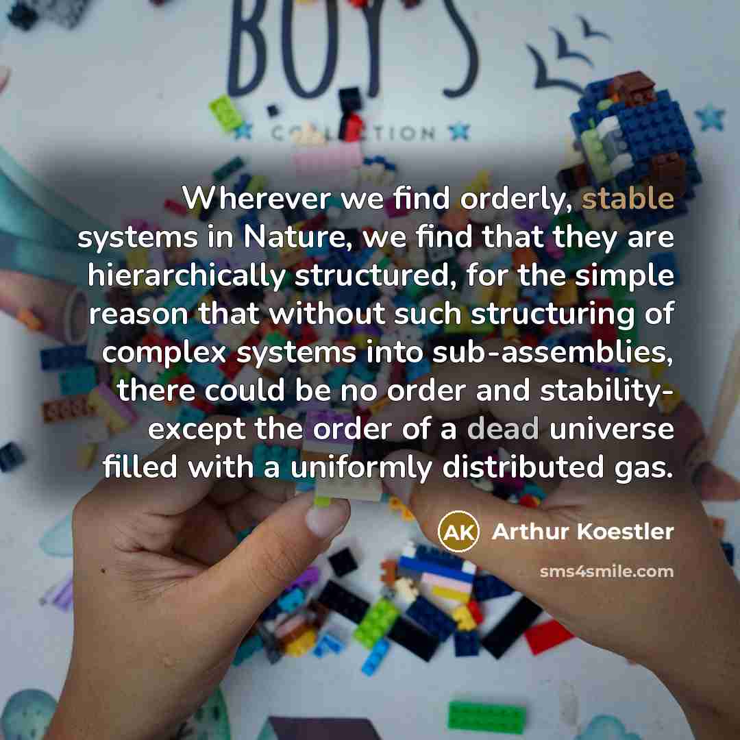“Wherever we find orderly, stable systems in Nature, we find that they are hierarchically structured, for the simple reason that without such structuring of complex systems into sub-assemblies, there could be no order and stability- except the order of a dead universe filled with a uniformly…” quote by Arthur Koestler