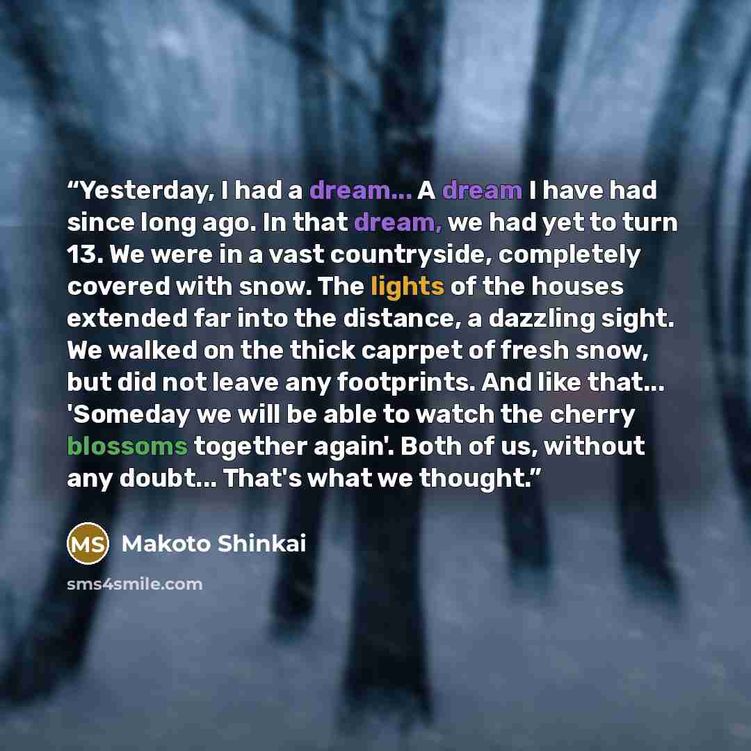“Yesterday, I had a dream... A dream I have had since long ago. In that dream, we had yet to turn 13. We were in a vast countryside, completely covered with snow. The lights of the houses extended far into the distance, a dazzling sight. We walked on the thick caprpet of fresh snow, but did not…” quote by Makoto Shinkai