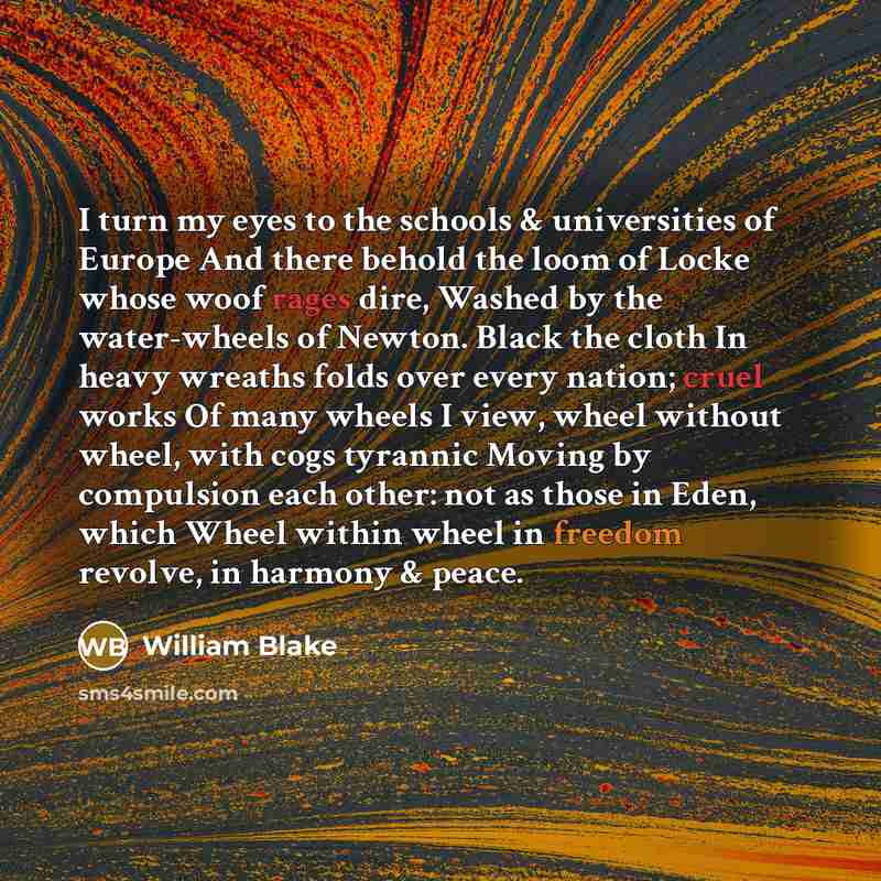 “I turn my eyes to the schools & universities of Europe And there behold the loom of Locke whose woof rages dire, Washed by the water-wheels of Newton. Black the cloth In heavy wreaths folds over every nation; cruel works Of many wheels I view, wheel without wheel, with cogs tyrannic Moving by…” quote by William Blake