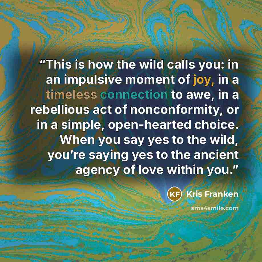 “This is how the wild calls you: in an impulsive moment of joy, in a timeless connection to awe, in a rebellious act of nonconformity, or in a simple, open-hearted choice. When you say yes to the wild, you’re saying yes to the ancient agency of love within you.” quote by Kris Franken