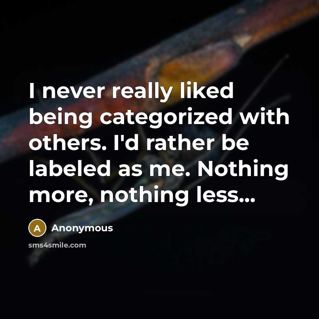 “I never really liked being categorized with others. I'd rather be labeled as me. Nothing more, nothing less...” quote by Anonymous