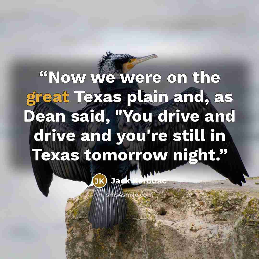 “Now we were on the great Texas plain and, as Dean said, "You drive and drive and you're still in Texas tomorrow night.” quote by Jack Kerouac