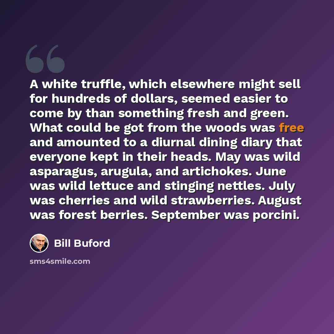 “A white truffle, which elsewhere might sell for hundreds of dollars, seemed easier to come by than something fresh and green. What could be got from the woods was free and amounted to a diurnal dining diary that everyone kept in their heads. May was wild asparagus, arugula, and artichokes. June…” quote by Bill Buford