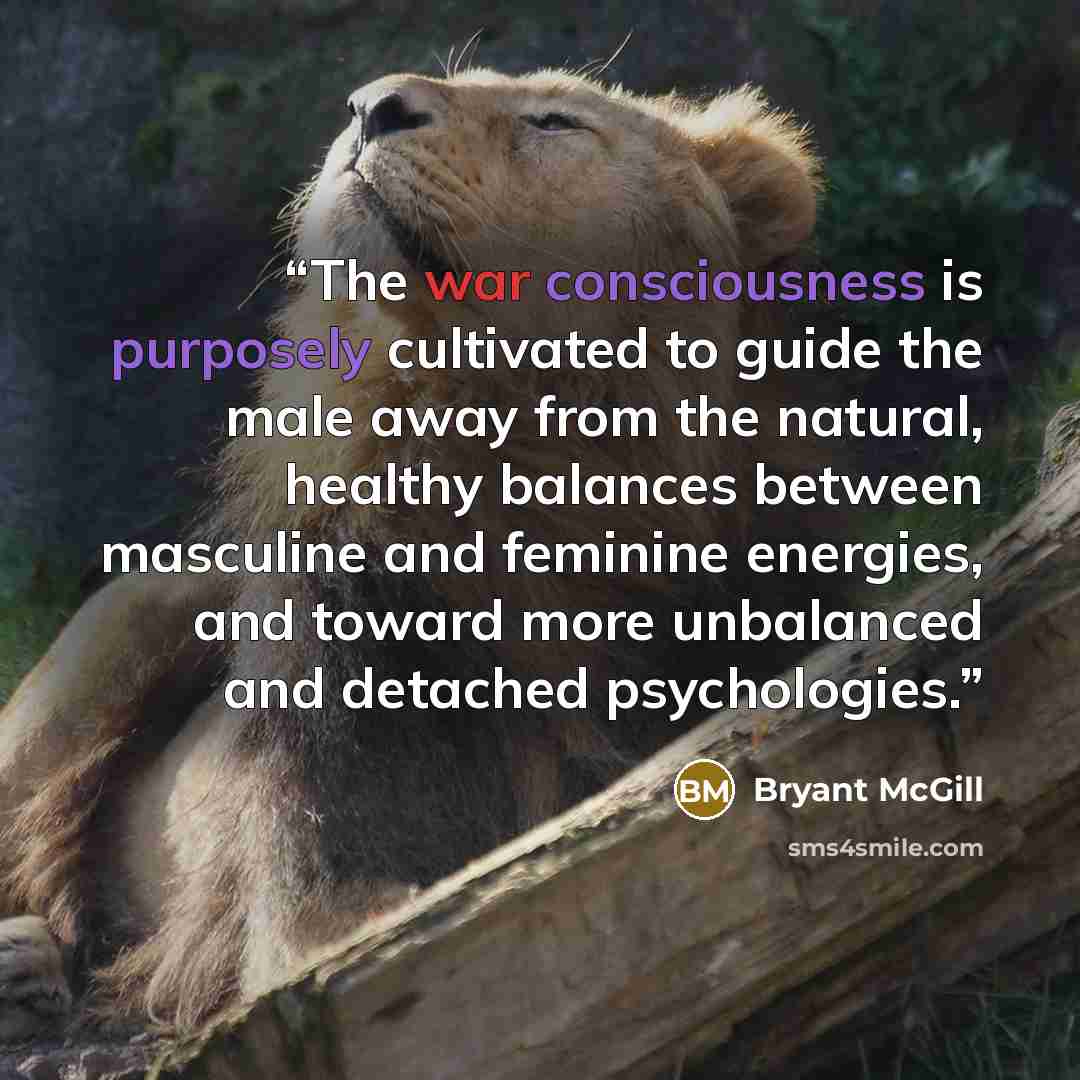 “The war consciousness is purposely cultivated to guide the male away from the natural, healthy balances between masculine and feminine energies, and toward more unbalanced and detached psychologies.” quote by Bryant McGill