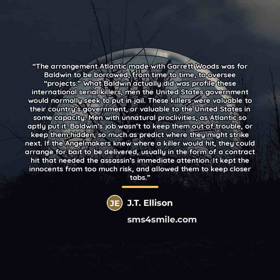 “The arrangement Atlantic made with Garrett Woods was for Baldwin to be borrowed, from time to time, to oversee “projects.” What Baldwin actually did was profile these international serial killers, men the United States government would normally seek to put in jail. These killers were valuable to…” quote by J.T. Ellison