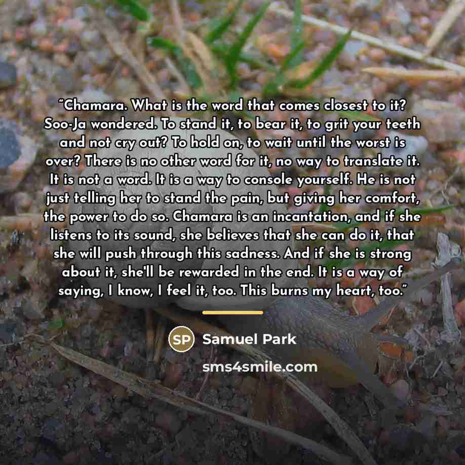“Chamara. What is the word that comes closest to it? Soo-Ja wondered. To stand it, to bear it, to grit your teeth and not cry out? To hold on, to wait until the worst is over? There is no other word for it, no way to translate it. It is not a word. It is a way to console yourself. He is not just…” quote by Samuel Park
