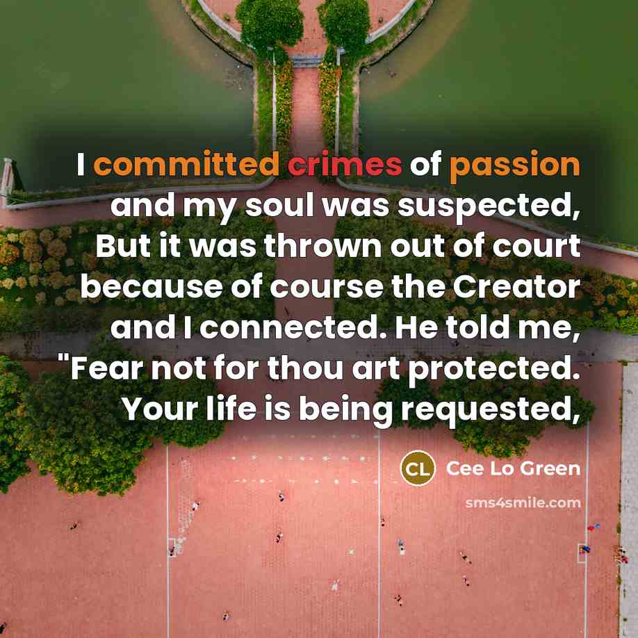 “I committed crimes of passion and my soul was suspected, But it was thrown out of court because of course the Creator and I connected. He told me, "Fear not for thou art protected. Your life is being requested,” quote by Cee Lo Green
