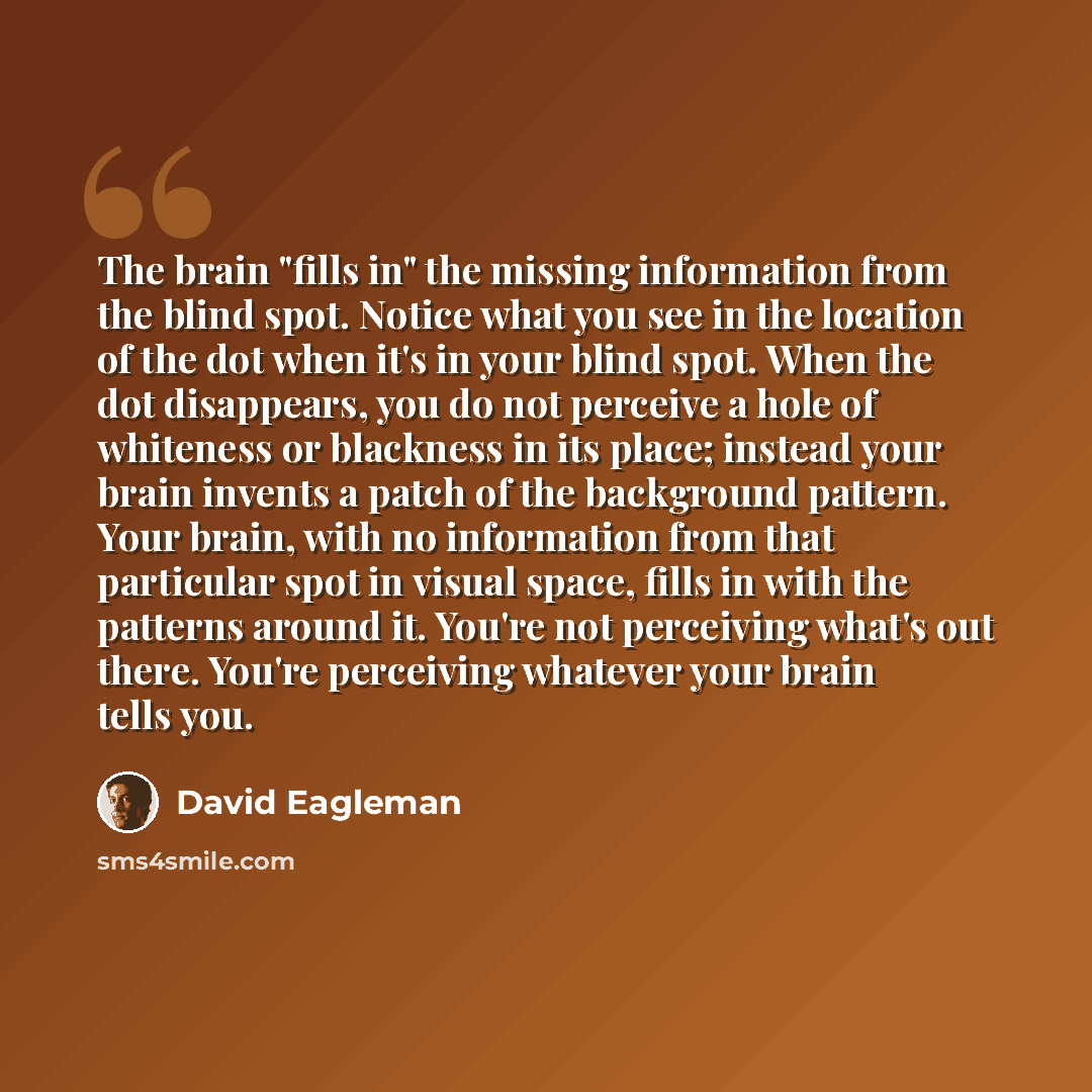 “The brain "fills in" the missing information from the blind spot. Notice what you see in the location of the dot when it's in your blind spot. When the dot disappears, you do not perceive a hole of whiteness or blackness in its place; instead your brain invents a patch of the background pattern…” quote by David Eagleman