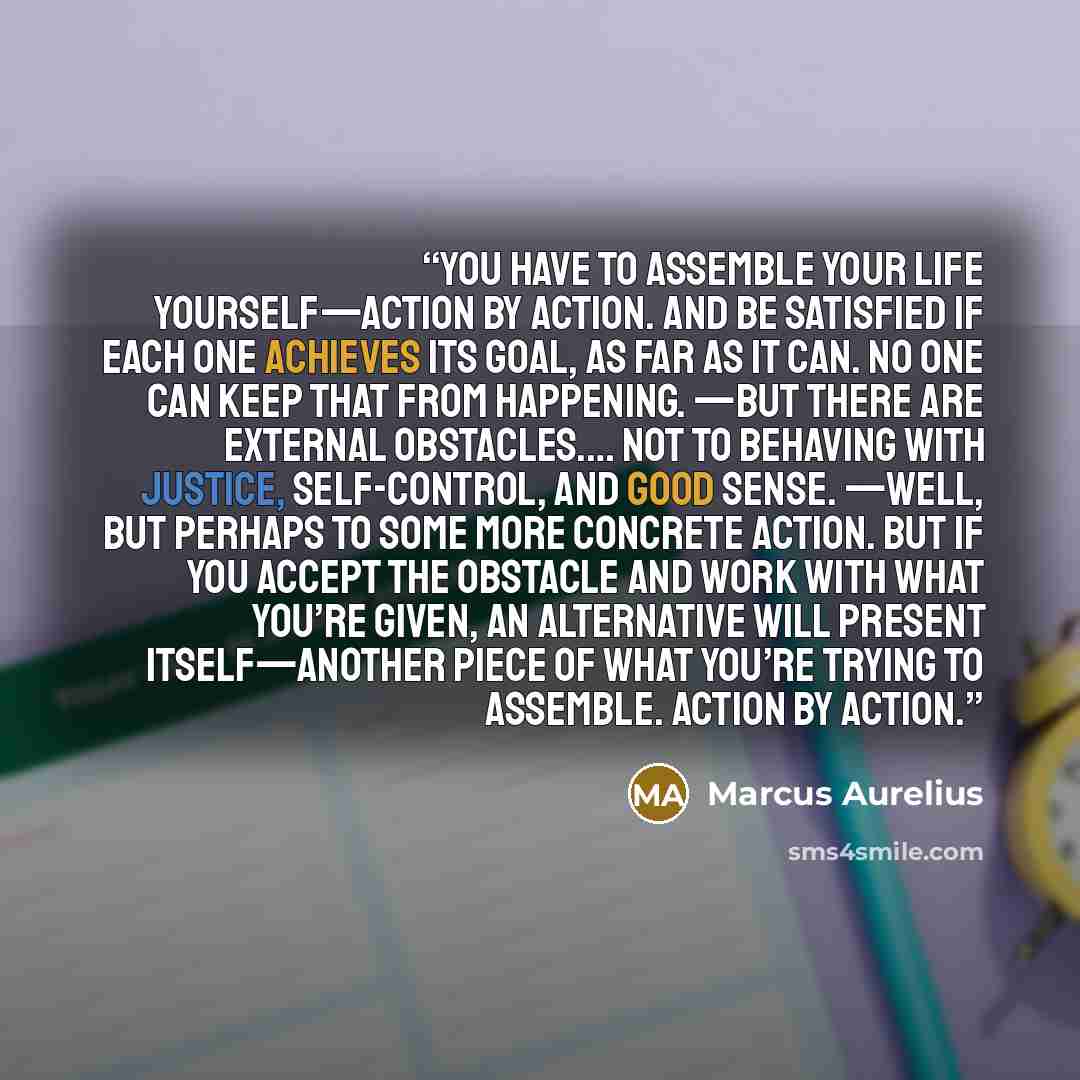 “You have to assemble your life yourself—action by action. And be satisfied if each one achieves its goal, as far as it can. No one can keep that from happening. —But there are external obstacles.… Not to behaving with justice, self-control, and good sense. —Well, but perhaps to some more concrete…” quote by Marcus Aurelius