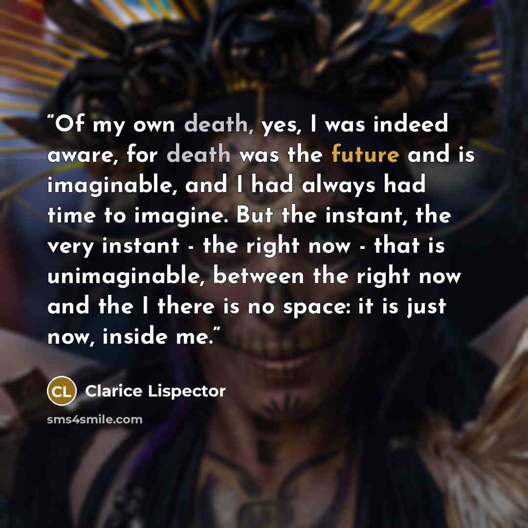 “Of my own death, yes, I was indeed aware, for death was the future and is imaginable, and I had always had time to imagine. But the instant, the very instant - the right now - that is unimaginable, between the right now and the I there is no space: it is just now, inside me.” quote by Clarice Lispector