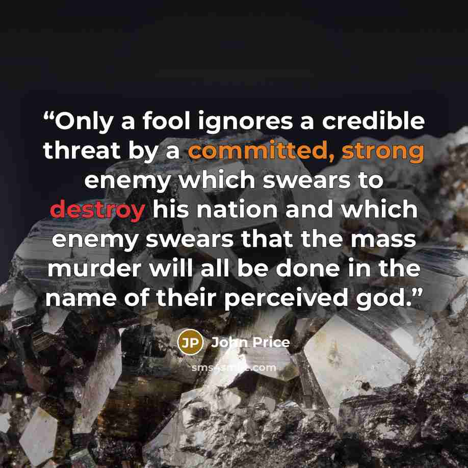 “Only a fool ignores a credible threat by a committed, strong enemy which swears to destroy his nation and which enemy swears that the mass murder will all be done in the name of their perceived god.” quote by John Price