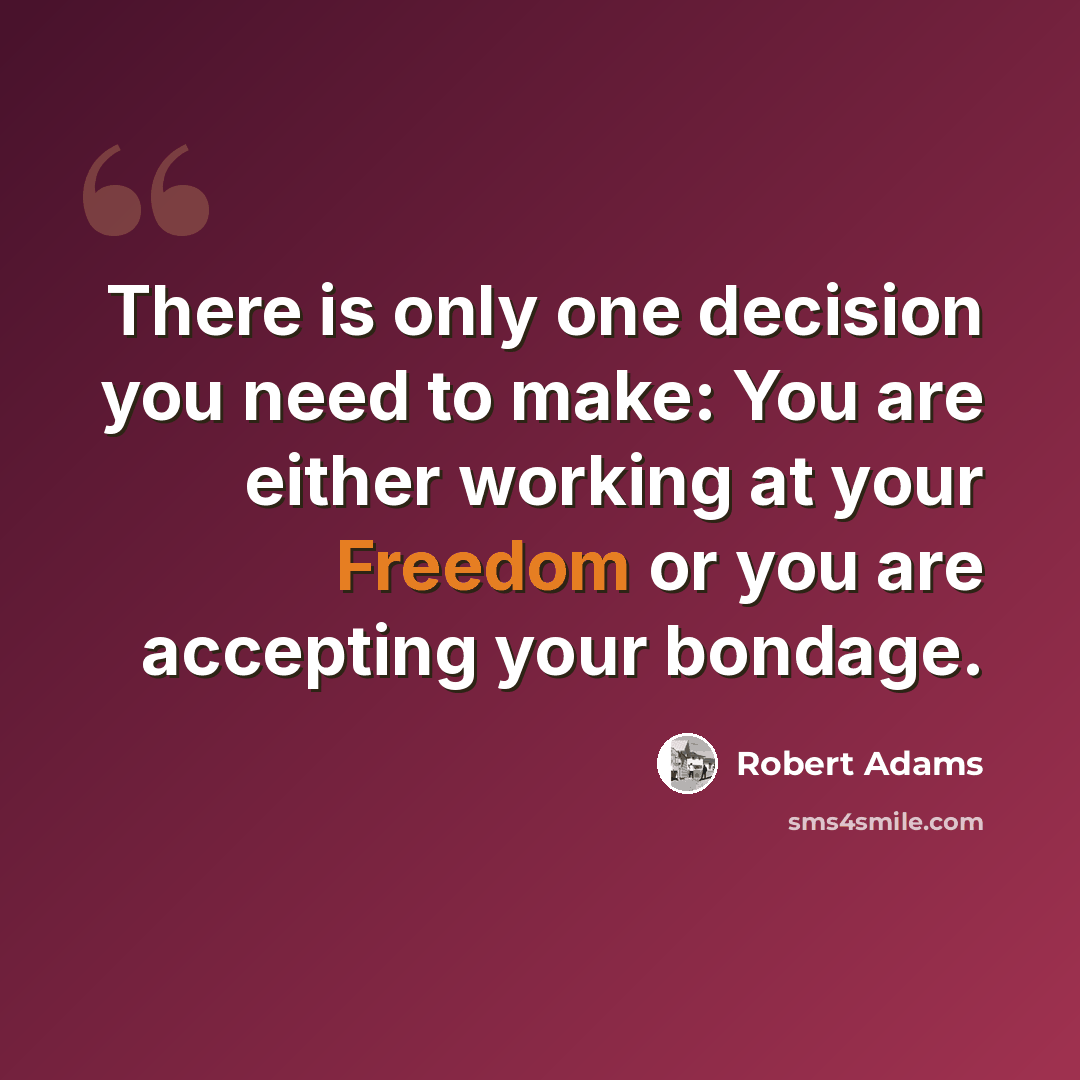 “There is only one decision you need to make: You are either working at your Freedom or you are accepting your bondage.” quote by Robert Adams