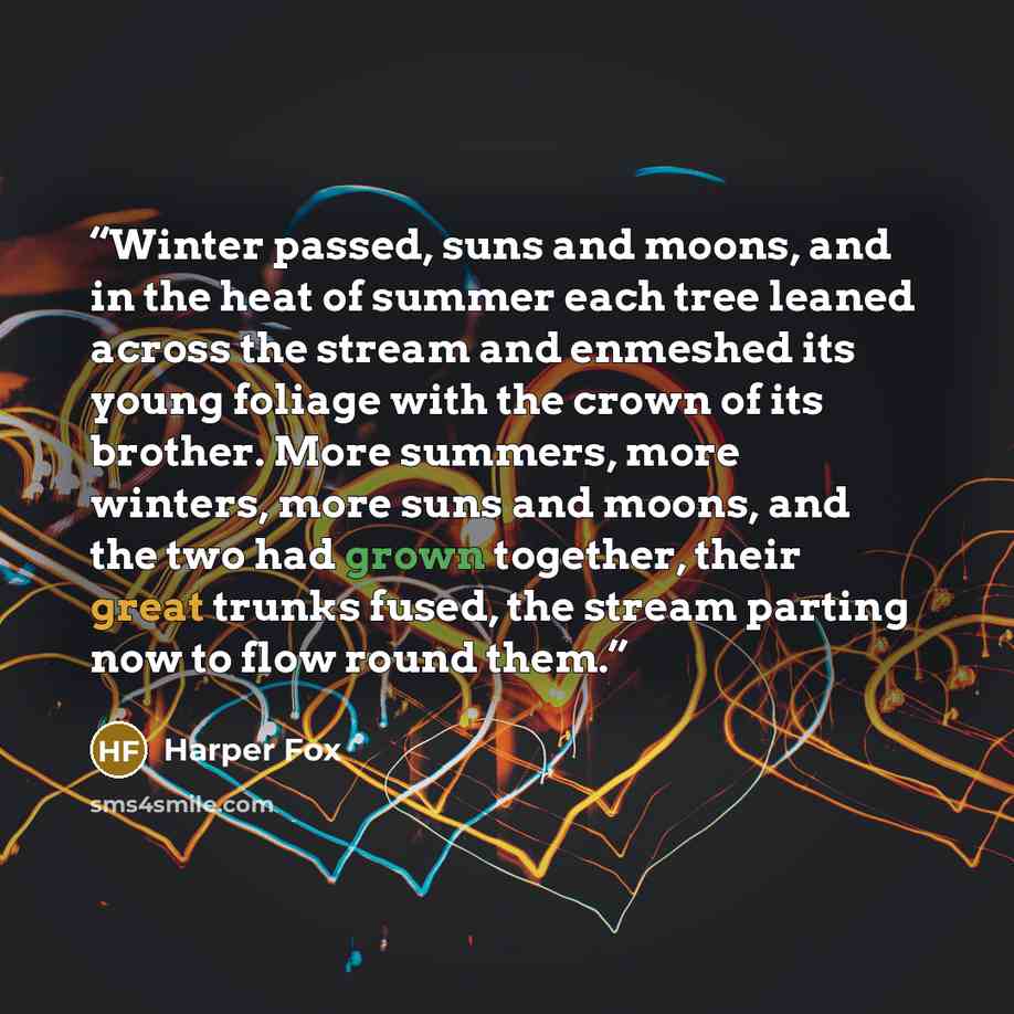 “Winter passed, suns and moons, and in the heat of summer each tree leaned across the stream and enmeshed its young foliage with the crown of its brother. More summers, more winters, more suns and moons, and the two had grown together, their great trunks fused, the stream parting now to flow round…” quote by Harper Fox