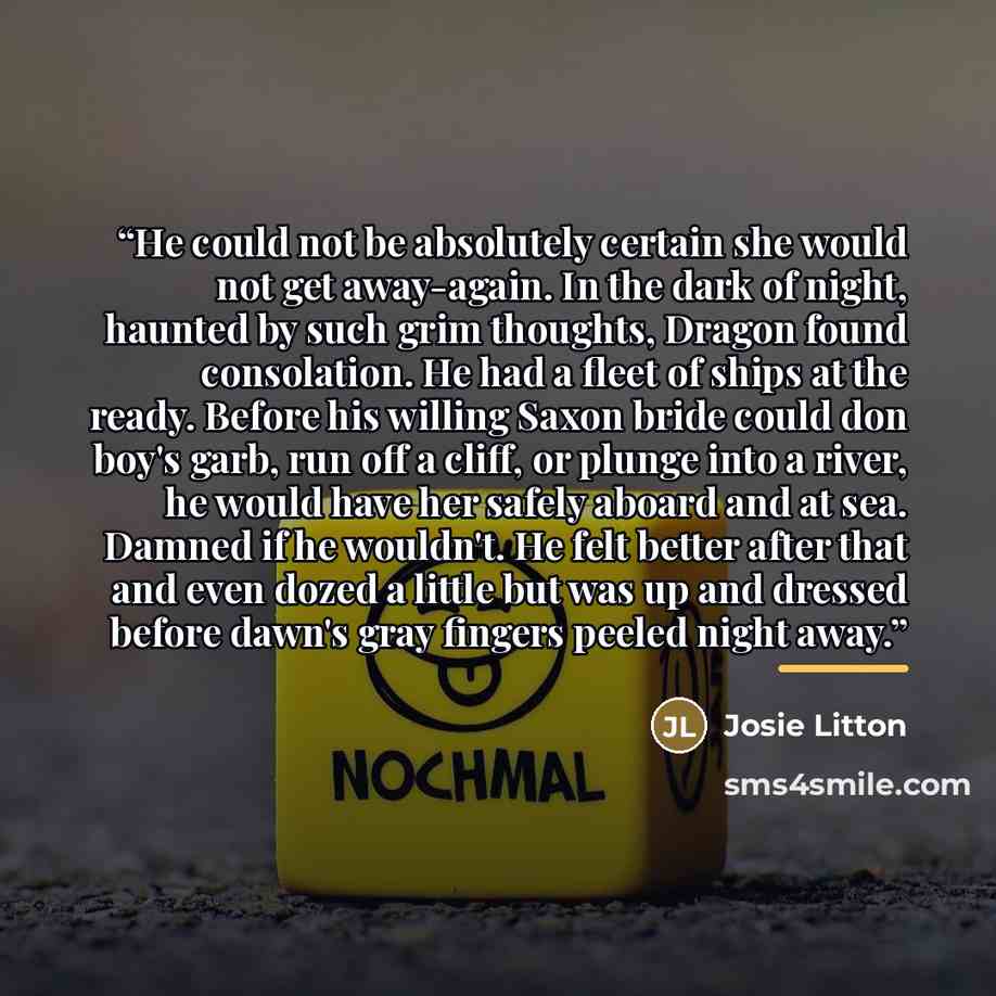 “He could not be absolutely certain she would not get away-again. In the dark of night, haunted by such grim thoughts, Dragon found consolation. He had a fleet of ships at the ready. Before his willing Saxon bride could don boy's garb, run off a cliff, or plunge into a river, he would have her…” quote by Josie Litton