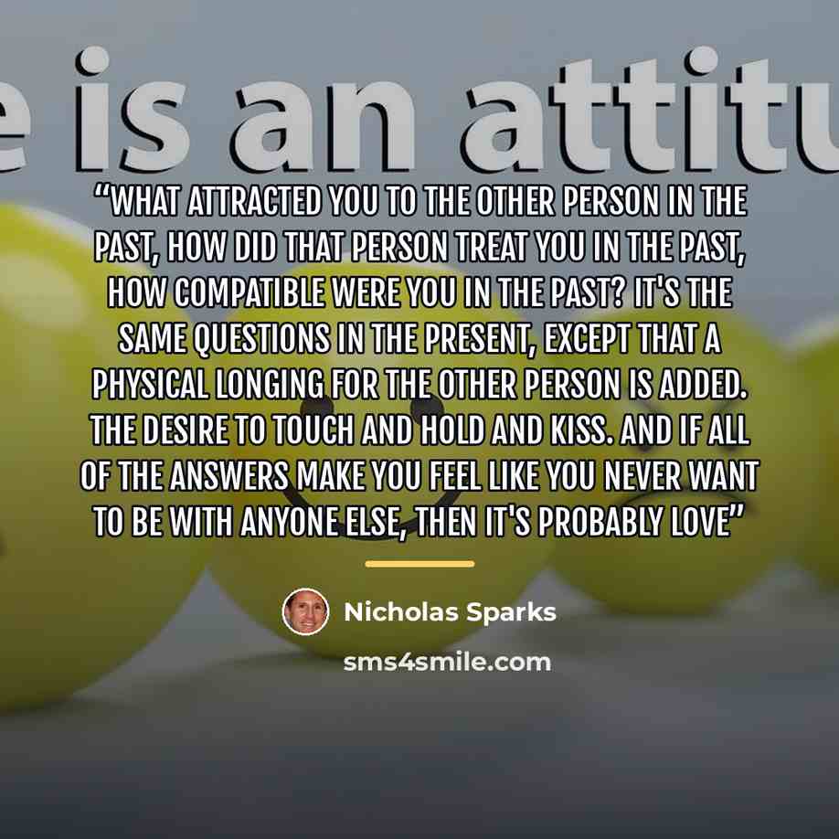 “What attracted you to the other person in the past, how did that person treat you in the past, how compatible were you in the past? It's the same questions in the present, except that a physical longing for the other person is added. The desire to touch and hold and kiss. And if all of the answers…” quote by Nicholas Sparks