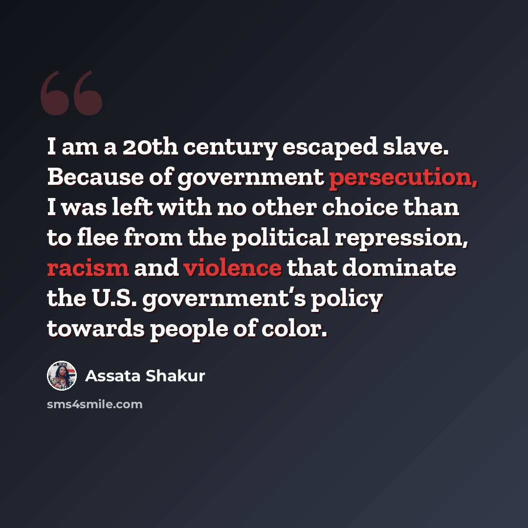 “I am a 20th century escaped slave. Because of government persecution, I was left with no other choice than to flee from the political repression, racism and violence that dominate the U.S. government’s policy towards people of color.” quote by Assata Shakur
