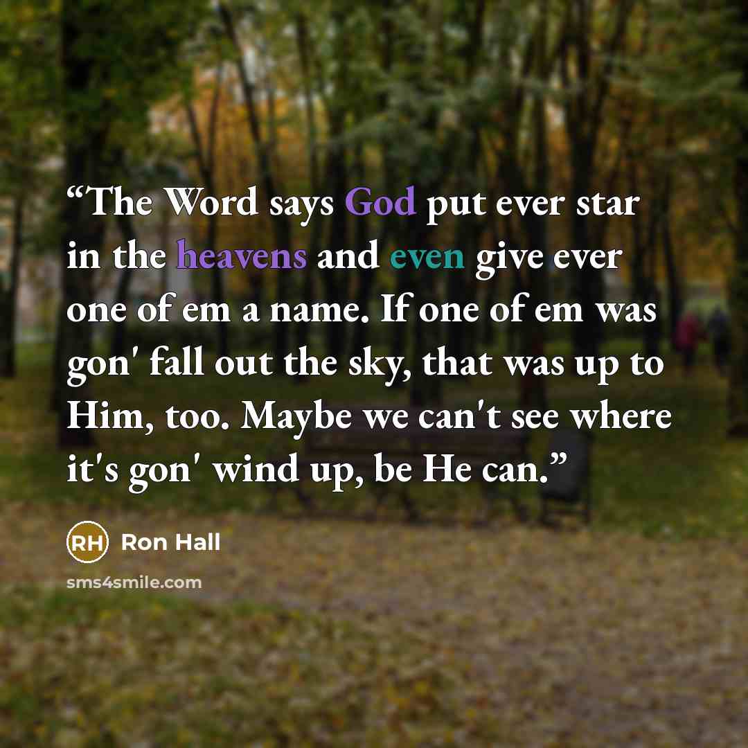 “The Word says God put ever star in the heavens and even give ever one of em a name. If one of em was gon' fall out the sky, that was up to Him, too. Maybe we can't see where it's gon' wind up, be He can.” quote by Ron Hall