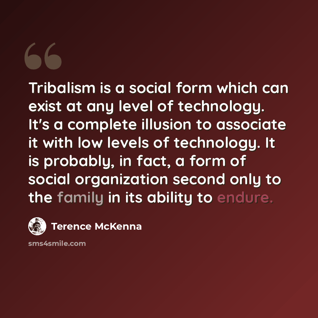 “Tribalism is a social form which can exist at any level of technology. It's a complete illusion to associate it with low levels of technology. It is probably, in fact, a form of social organization second only to the family in its ability to endure.” quote by Terence McKenna