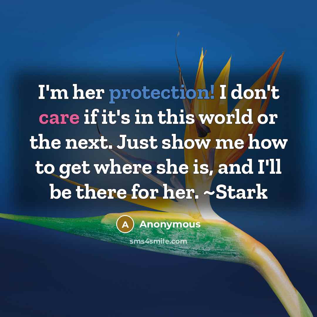 “I'm her protection! I don't care if it's in this world or the next. Just show me how to get where she is, and I'll be there for her. ~Stark” quote by Anonymous