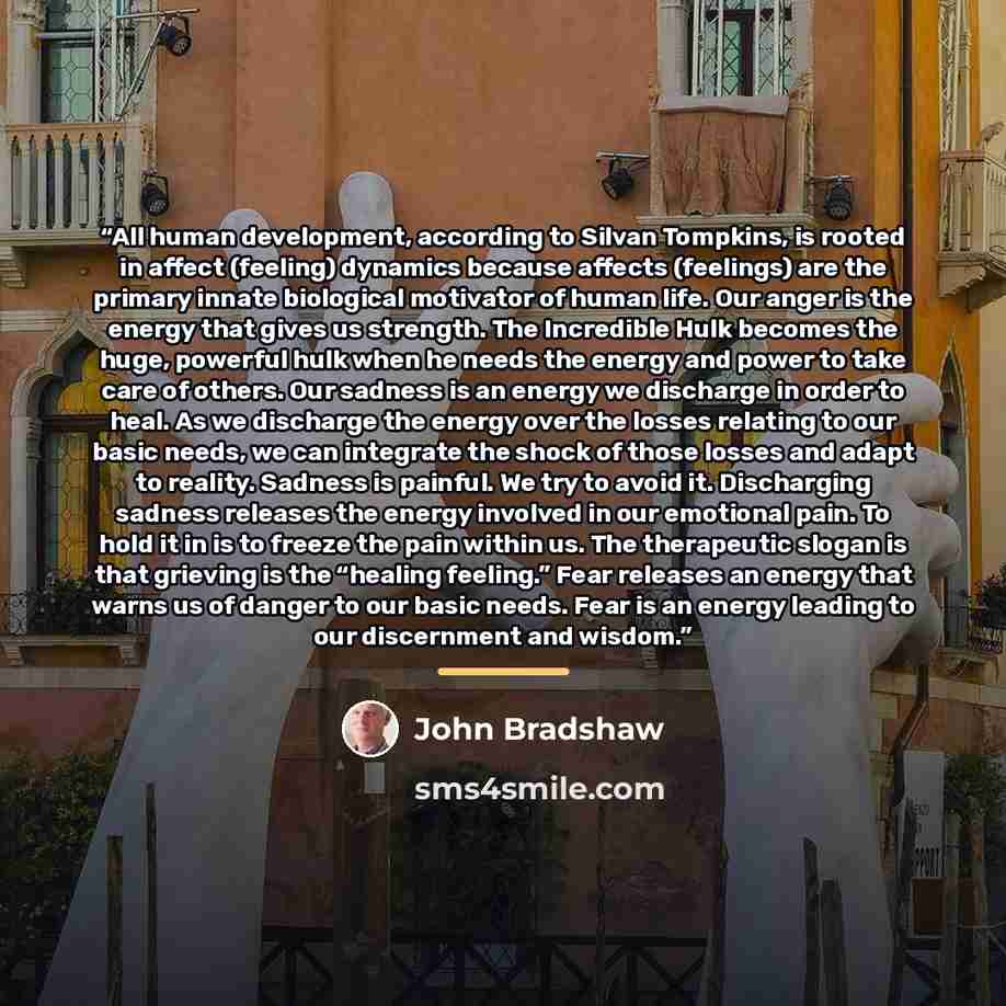 “All human development, according to Silvan Tompkins, is rooted in affect (feeling) dynamics because affects (feelings) are the primary innate biological motivator of human life. Our anger is the energy that gives us strength. The Incredible Hulk becomes the huge, powerful hulk when he needs the…” quote by John Bradshaw