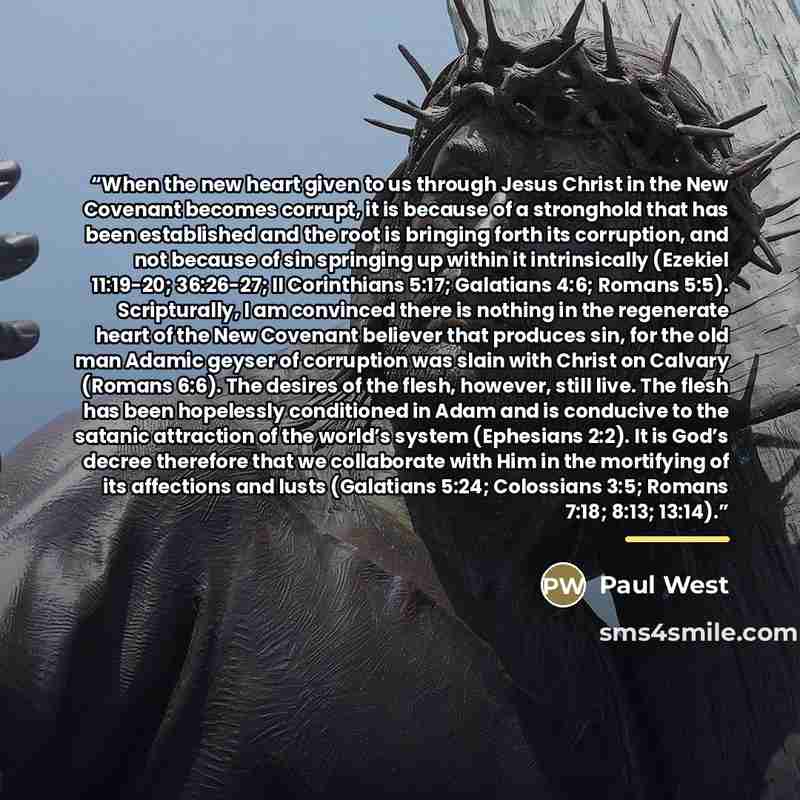 “When the new heart given to us through Jesus Christ in the New Covenant becomes corrupt, it is because of a stronghold that has been established and the root is bringing forth its corruption, and not because of sin springing up within it intrinsically (Ezekiel 11:19-20; 36:26-27; II Corinthians…” quote by Paul West