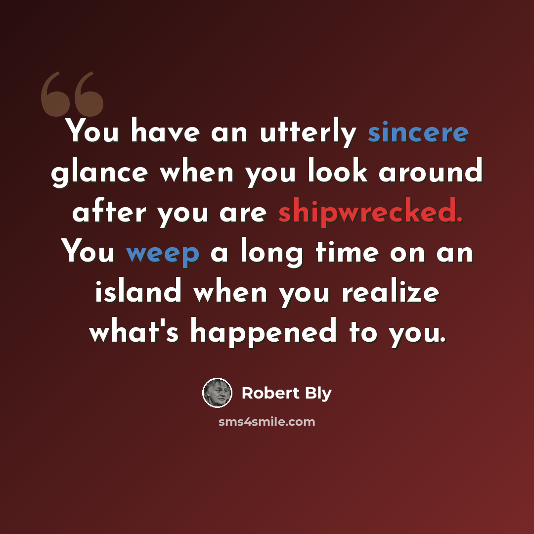 “You have an utterly sincere glance when you look around after you are shipwrecked. You weep a long time on an island when you realize what's happened to you.” quote by Robert Bly