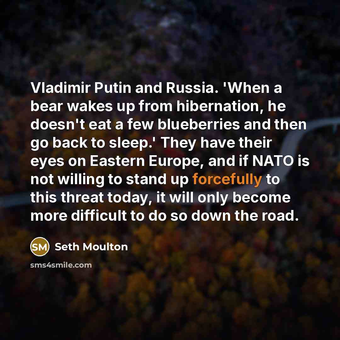 “Vladimir Putin and Russia. 'When a bear wakes up from hibernation, he doesn't eat a few blueberries and then go back to sleep.' They have their eyes on Eastern Europe, and if NATO is not willing to stand up forcefully to this threat today, it will only become more difficult to do so down the road.” quote by Seth Moulton