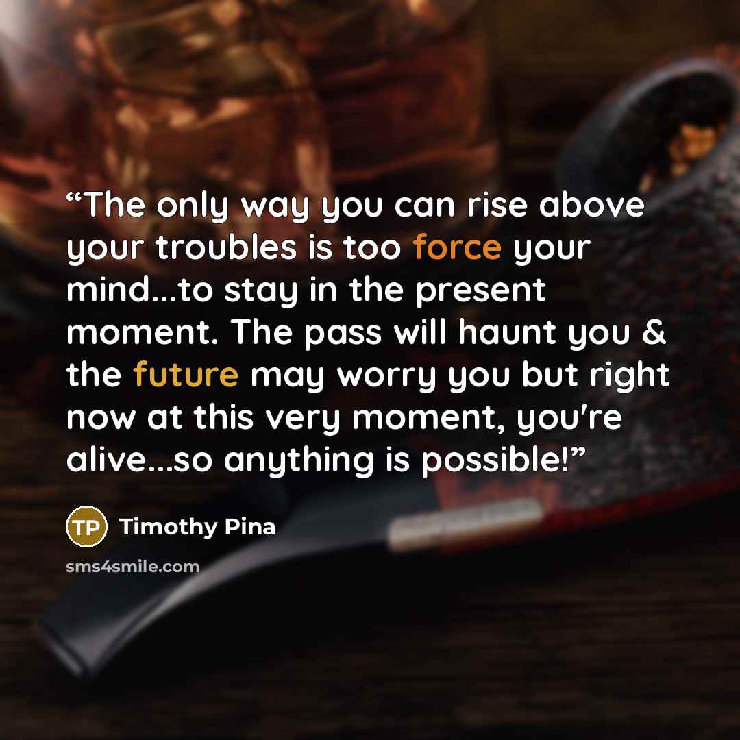 “The only way you can rise above your troubles is too force your mind...to stay in the present moment. The pass will haunt you & the future may worry you but right now at this very moment, you're alive...so anything is possible!” quote by Timothy Pina