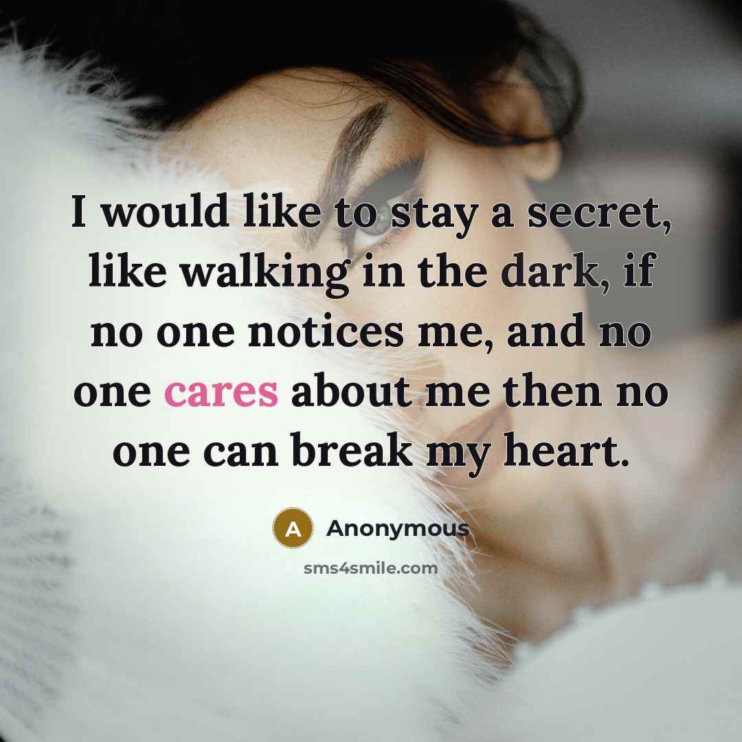 “I would like to stay a secret, like walking in the dark, if no one notices me, and no one cares about me then no one can break my heart.” quote by Anonymous
