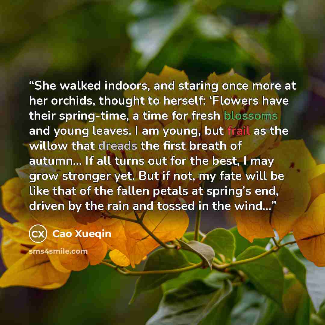 “She walked indoors, and staring once more at her orchids, thought to herself: ‘Flowers have their spring-time, a time for fresh blossoms and young leaves. I am young, but frail as the willow that dreads the first breath of autumn… If all turns out for the best, I may grow stronger yet. But if not…” quote by Cao Xueqin