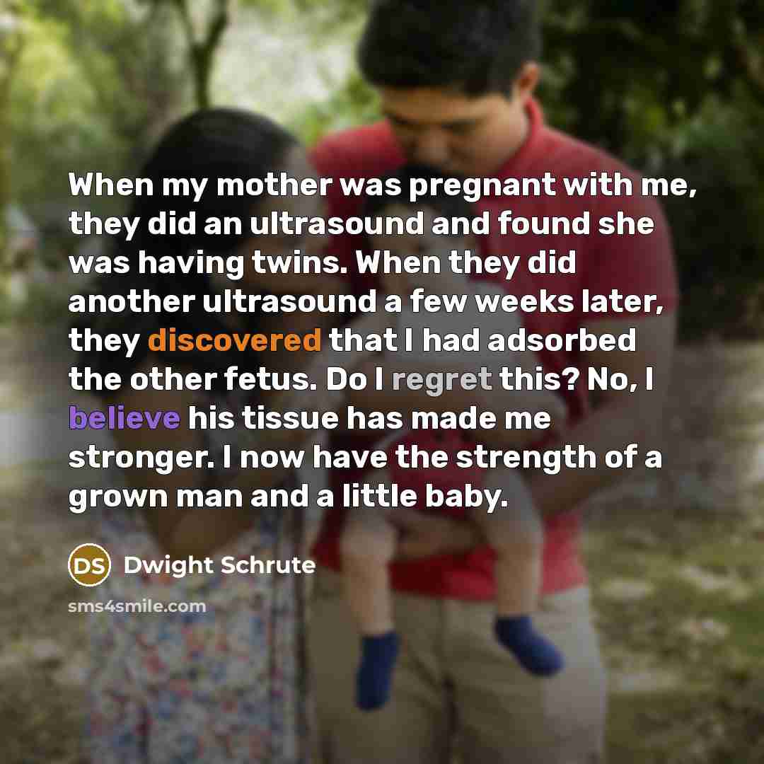 “When my mother was pregnant with me, they did an ultrasound and found she was having twins. When they did another ultrasound a few weeks later, they discovered that I had adsorbed the other fetus. Do I regret this? No, I believe his tissue has made me stronger. I now have the strength of a grown…” quote by Dwight Schrute
