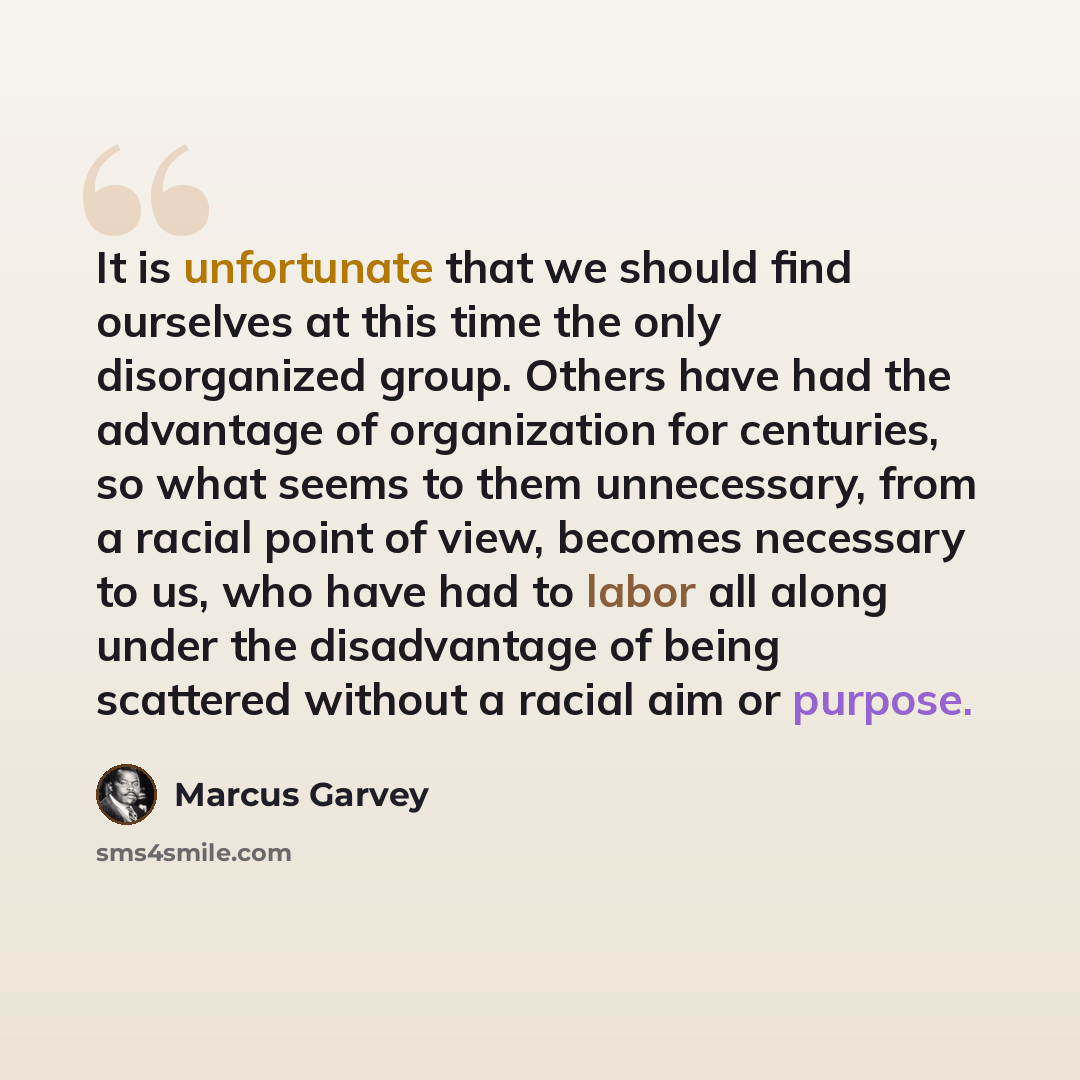 “It is unfortunate that we should find ourselves at this time the only disorganized group. Others have had the advantage of organization for centuries, so what seems to them unnecessary, from a racial point of view, becomes necessary to us, who have had to labor all along under the disadvantage of…” quote by Marcus Garvey