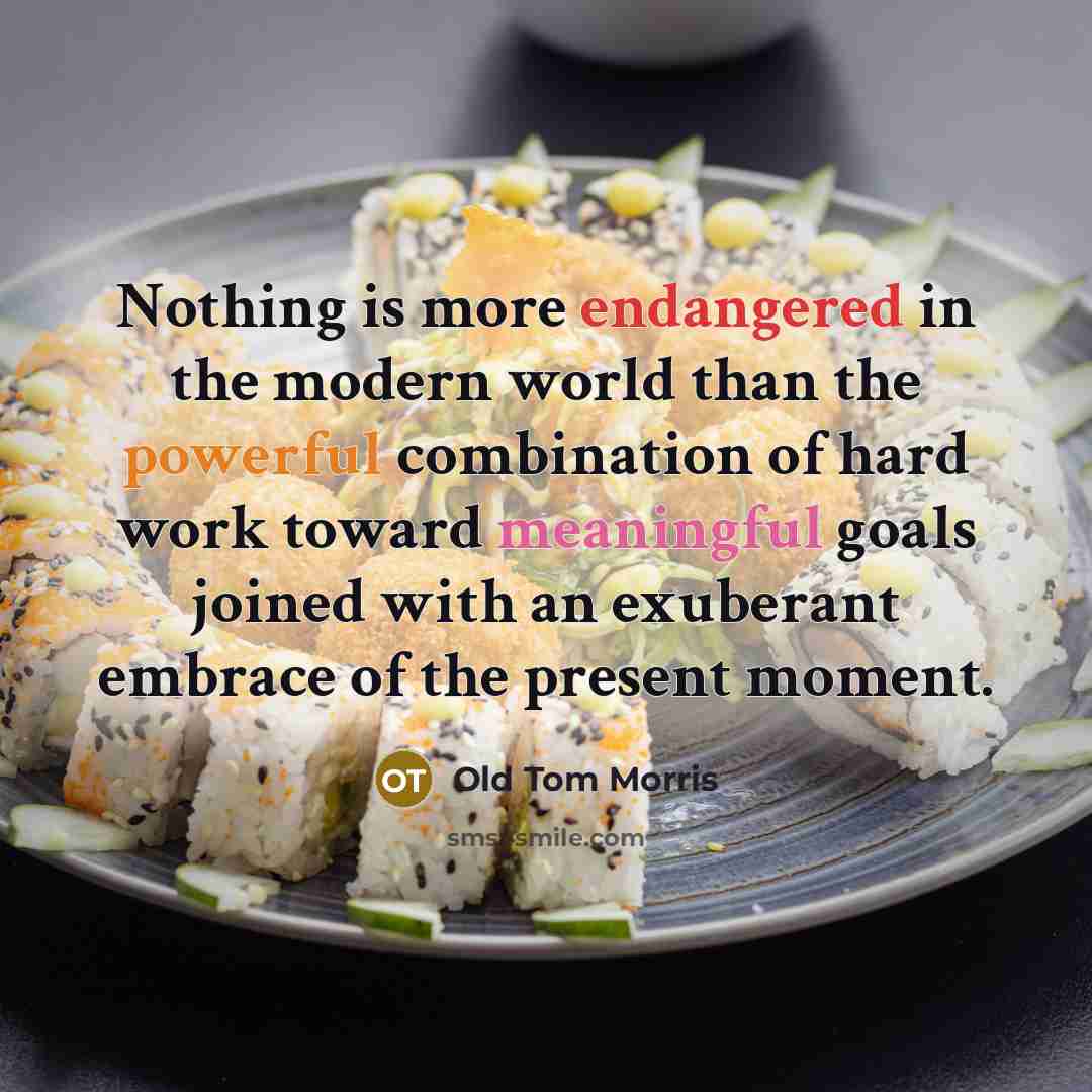 “Nothing is more endangered in the modern world than the powerful combination of hard work toward meaningful goals joined with an exuberant embrace of the present moment.” quote by Old Tom Morris