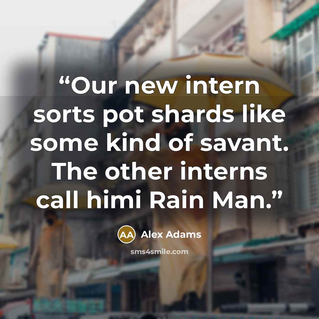 “Our new intern sorts pot shards like some kind of savant. The other interns call himi Rain Man.” quote by Alex Adams