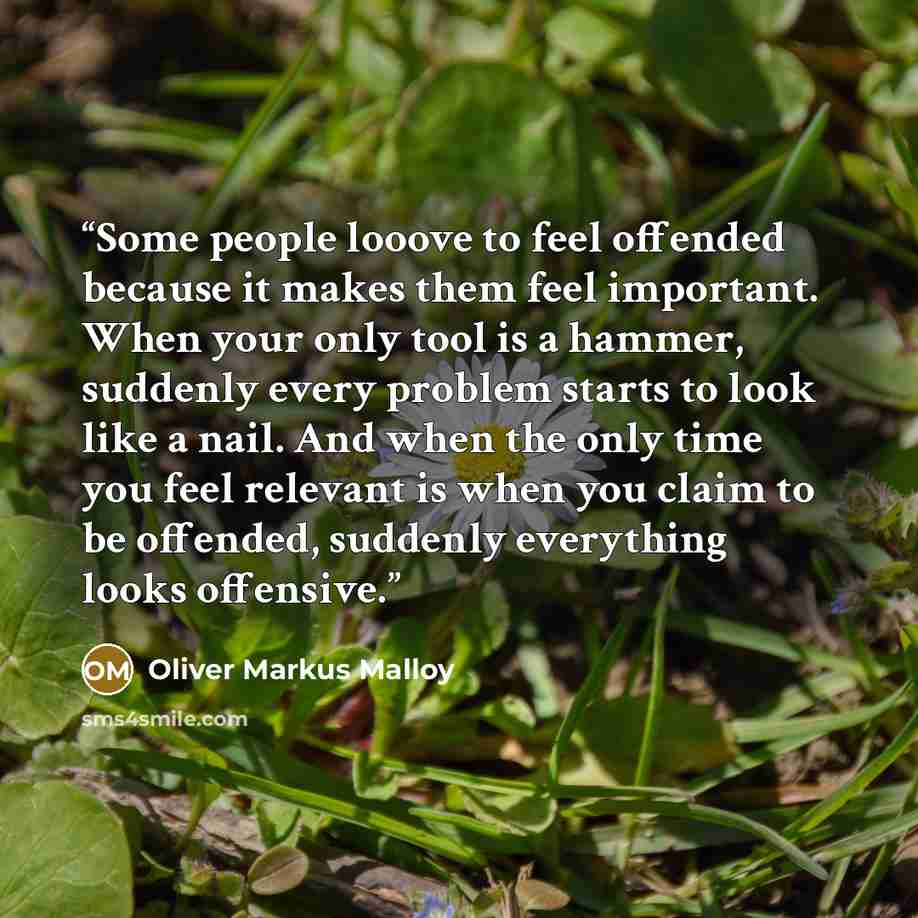 “Some people looove to feel offended because it makes them feel important. When your only tool is a hammer, suddenly every problem starts to look like a nail. And when the only time you feel relevant is when you claim to be offended, suddenly everything looks offensive.” quote by Oliver Markus Malloy