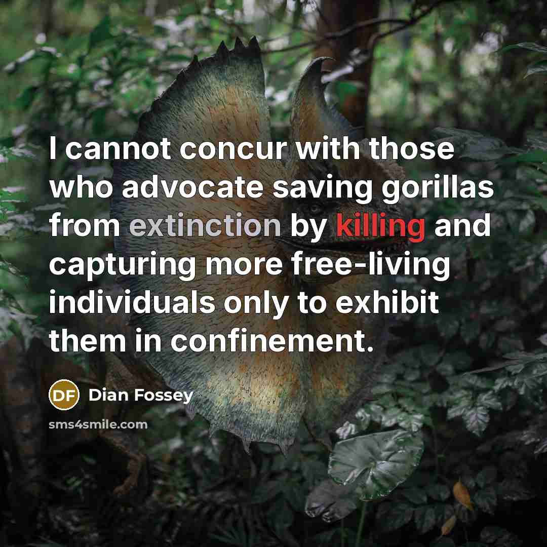 “I cannot concur with those who advocate saving gorillas from extinction by killing and capturing more free-living individuals only to exhibit them in confinement.” quote by Dian Fossey