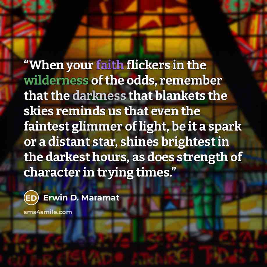 “When your faith flickers in the wilderness of the odds, remember that the darkness that blankets the skies reminds us that even the faintest glimmer of light, be it a spark or a distant star, shines brightest in the darkest hours, as does strength of character in trying times.” quote by Erwin D. Maramat