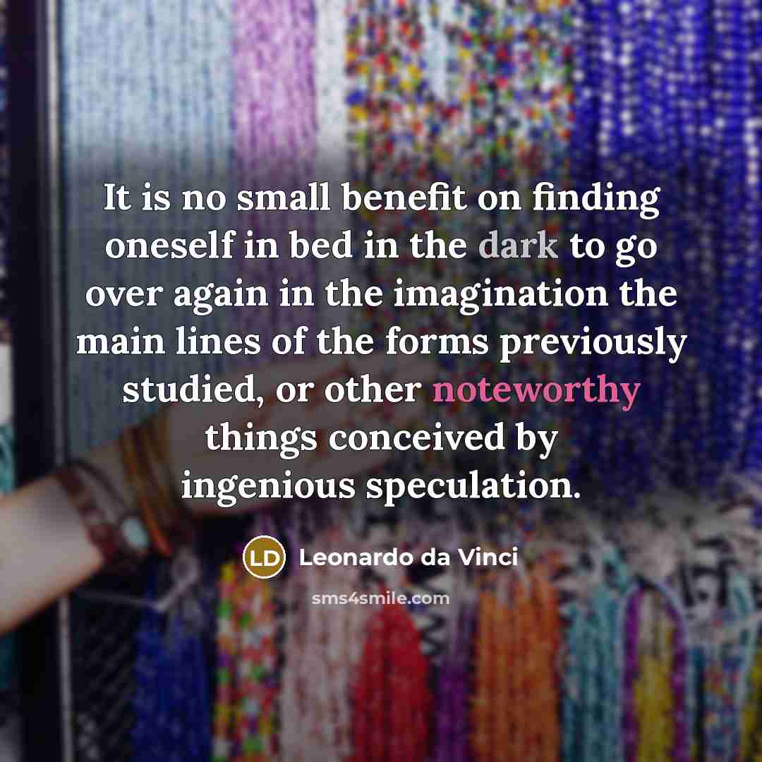 “It is no small benefit on finding oneself in bed in the dark to go over again in the imagination the main lines of the forms previously studied, or other noteworthy things conceived by ingenious speculation.” quote by Leonardo da Vinci