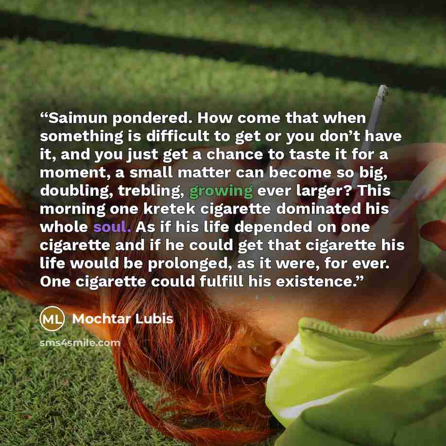 “Saimun pondered. How come that when something is difficult to get or you don’t have it, and you just get a chance to taste it for a moment, a small matter can become so big, doubling, trebling, growing ever larger? This morning one kretek cigarette dominated his whole soul. As if his life depended…” quote by Mochtar Lubis