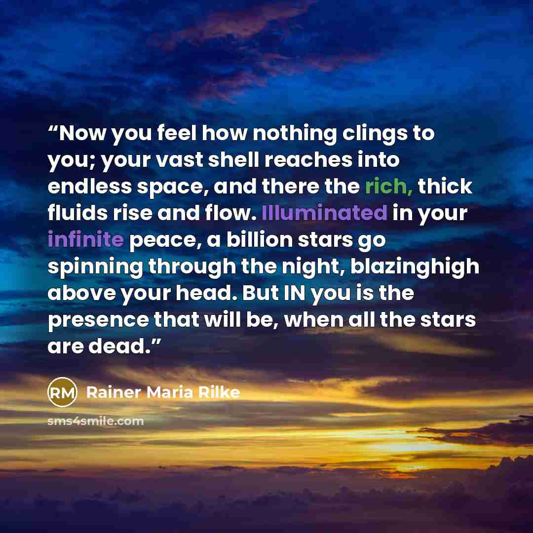 “Now you feel how nothing clings to you; your vast shell reaches into endless space, and there the rich, thick fluids rise and flow. Illuminated in your infinite peace, a billion stars go spinning through the night, blazinghigh above your head. But IN you is the presence that will be, when all the…” quote by Rainer Maria Rilke