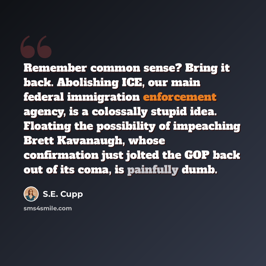 “Remember common sense? Bring it back. Abolishing ICE, our main federal immigration enforcement agency, is a colossally stupid idea. Floating the possibility of impeaching Brett Kavanaugh, whose confirmation just jolted the GOP back out of its coma, is painfully dumb.” quote by S.E. Cupp