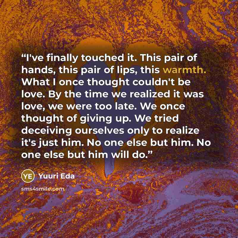 “I've finally touched it. This pair of hands, this pair of lips, this warmth. What I once thought couldn't be love. By the time we realized it was love, we were too late. We once thought of giving up. We tried deceiving ourselves only to realize it's just him. No one else but him. No one else but…” quote by Yuuri Eda