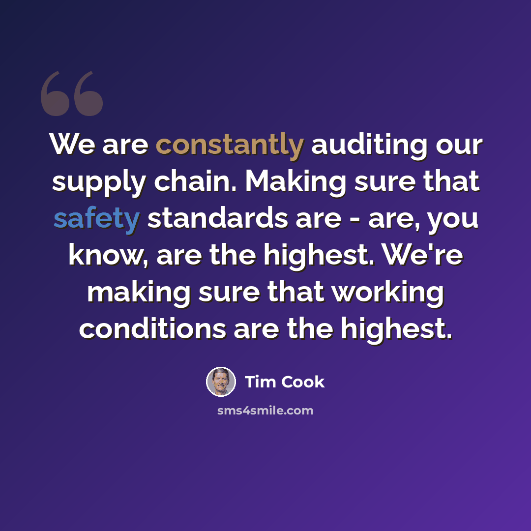 “We are constantly auditing our supply chain. Making sure that safety standards are - are, you know, are the highest. We're making sure that working conditions are the highest.” quote by Tim Cook